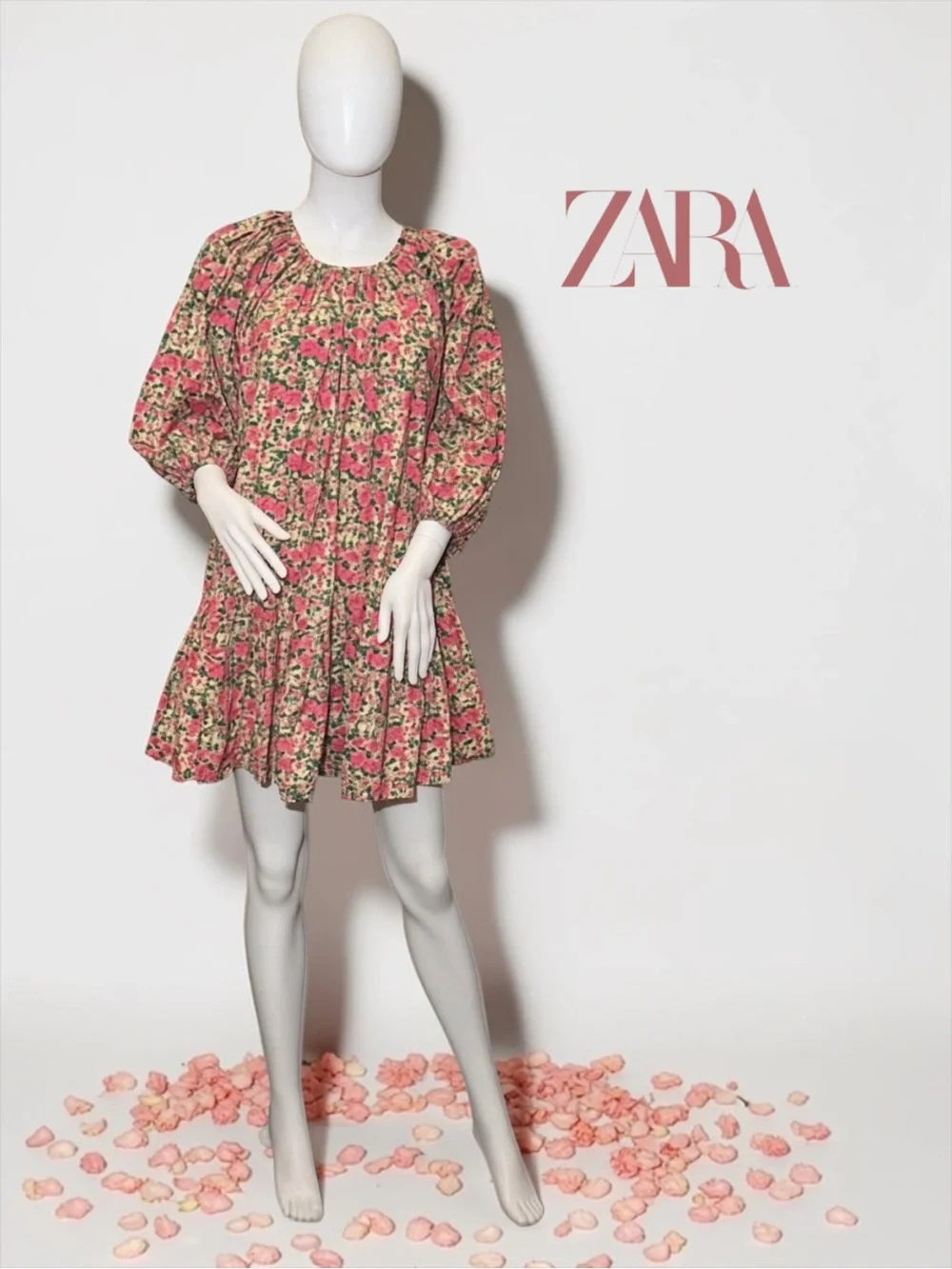 Zara Pink and Green Floral Voluminous Puff Shoulder Mini Dress - Size S NWOT